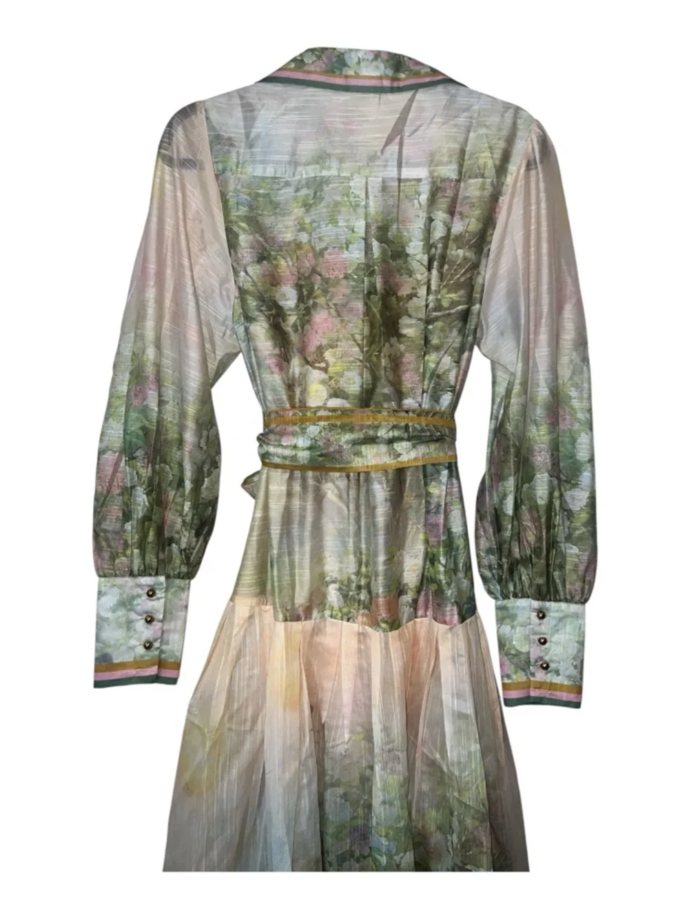 L’ATISTE Floral Sheer Maxi Dress Belted Bishop Sleeves Gold Buttons Size M NWT - Picture 4 of 13